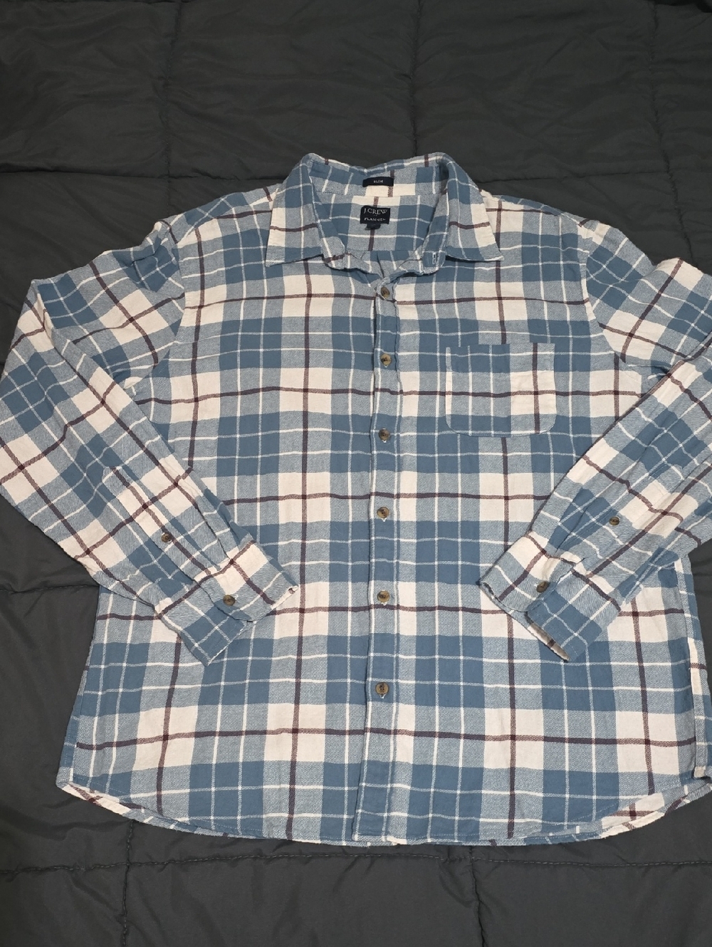 J Crew Mens Light Blue White Brown Plaid Flannel Slim Fit Shirt XL